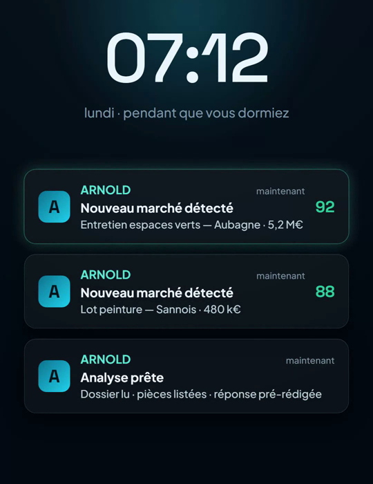 Notifications Arnold au réveil : nouveaux marchés détectés avec leur score